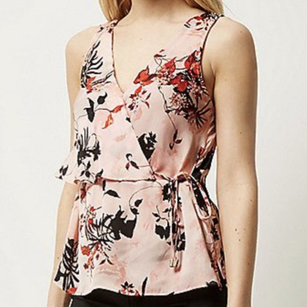 River Island Pink Floral Silky Sleeveless Wrap Blouse with Ties, size UK 8